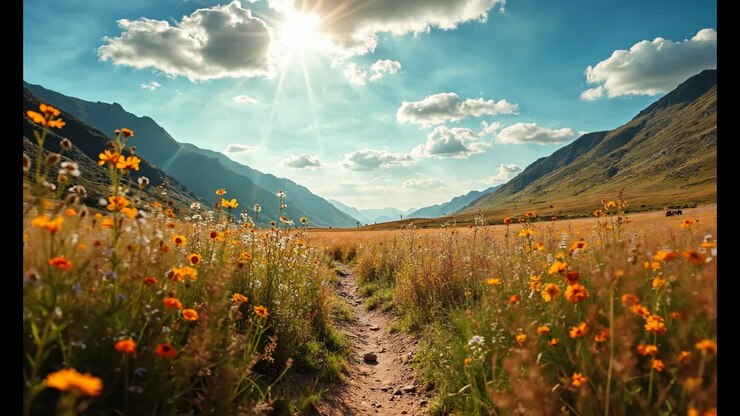 Scenic Mountain Valley Path Through Wildflowers