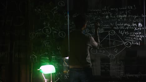 person studying in a dark room with a blackboard