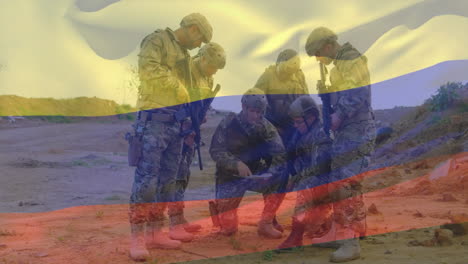 examining map with russian flag overlay, soldiers in tactical gear planning strategy