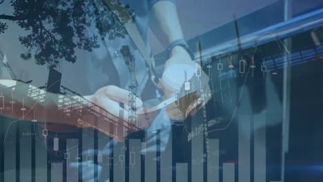 animation of financial data processing over caucasian man using smartphone