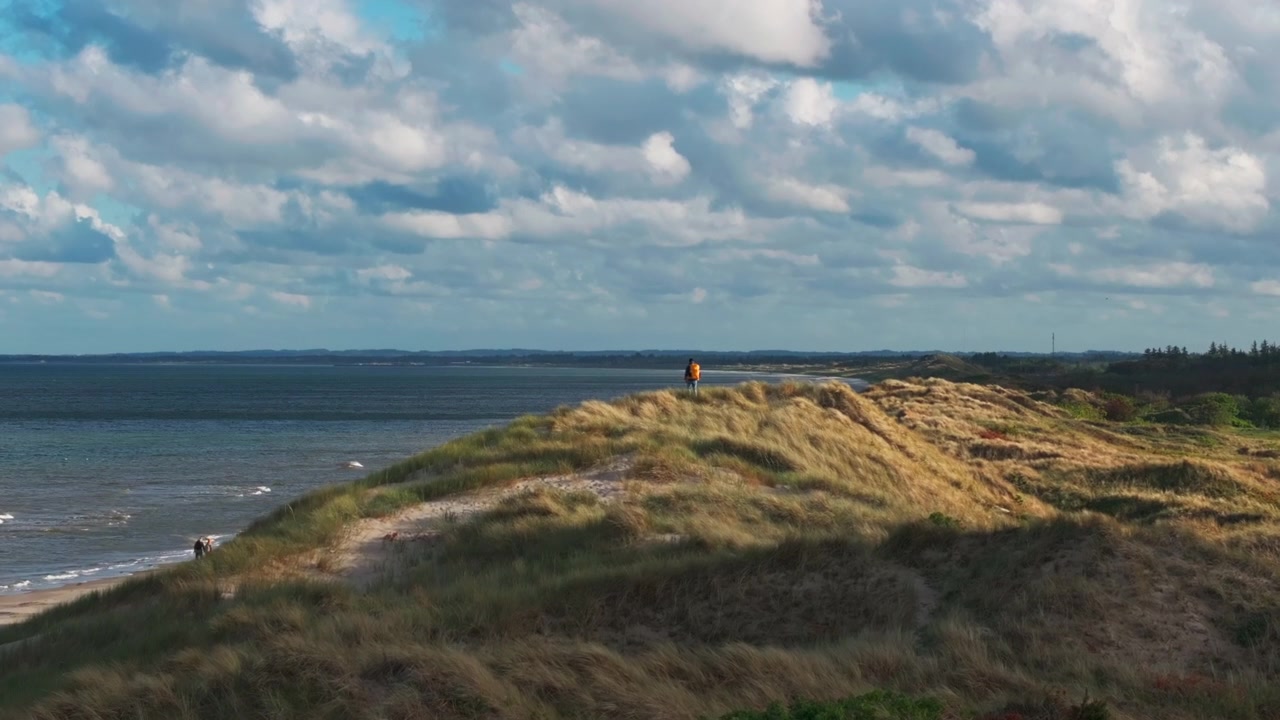 Droneflyvning over kystklitter ved Sydstrand Skagen, Danmark.