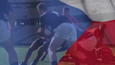 animación de la bandera checa ondeando sobre dos equipos de rugby multiétnicos jugando rugby