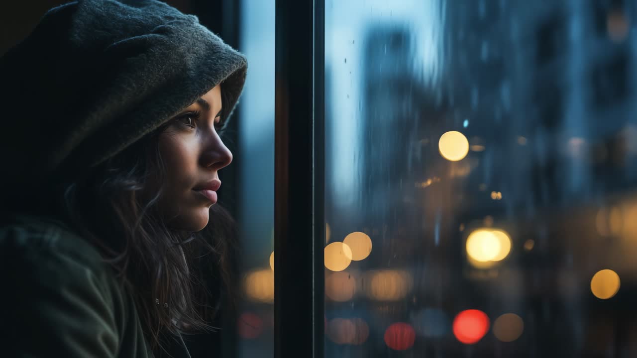 Pensive young woman in a hood gazing out the window at shimmering city lights on a rainy night, enveloped in feelings of melancholy and nostalgia, reflecting on solitude and dreams
