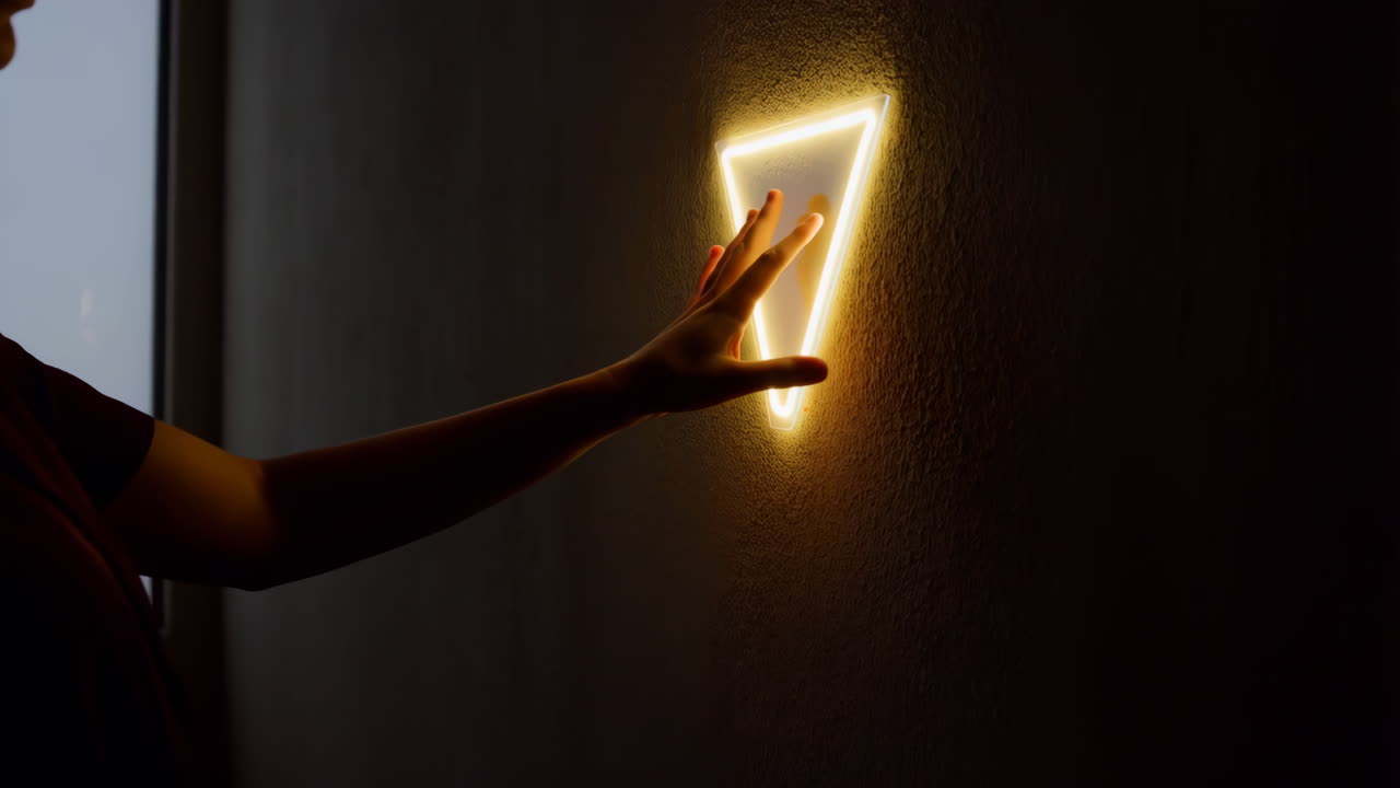 A hand touching a glowing triangular light on a dark wall