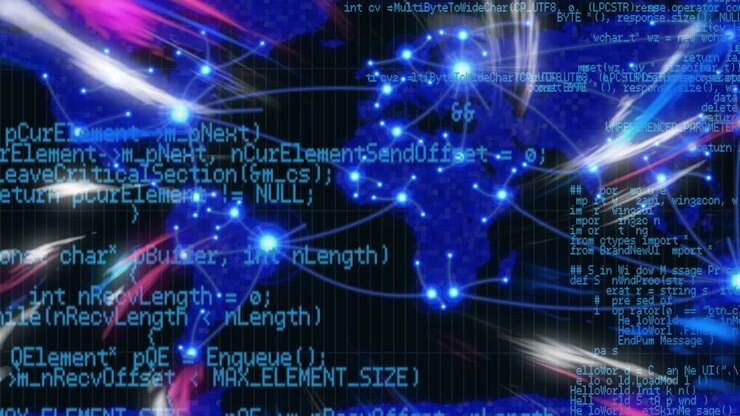 Animazione di luci blu e rosa che si muovono velocemente su elaborazione dati e mappa del mondo