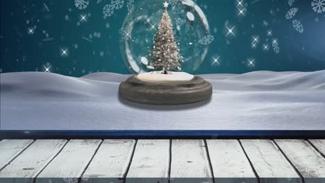 animation of snow falling and glowing spots over snow globe with tree on blue background