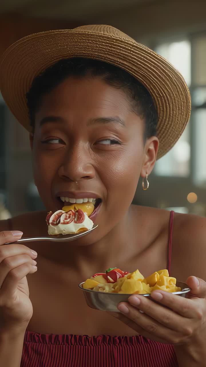 Vertical video: Glancing left woman lifting yogurt spoon with figs, berries at dining table tasting