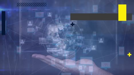 Animation-Eines-Handgehaltenen-Globus-Mit-Netzwerk-Von-Verbindungen-Und-Datenverarbeitung-Auf-Blauem-Hintergrund