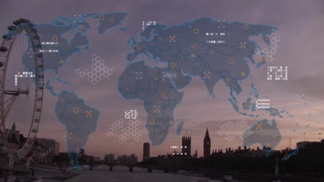 animation of world map and data processing over london cityscape