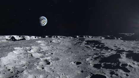 establishing shot of the surface of the moon and planet earth in the distance