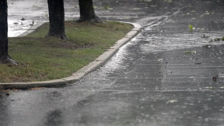 Rainfall splashing on asphalt road, adjacent to grassy curb in slow motion
