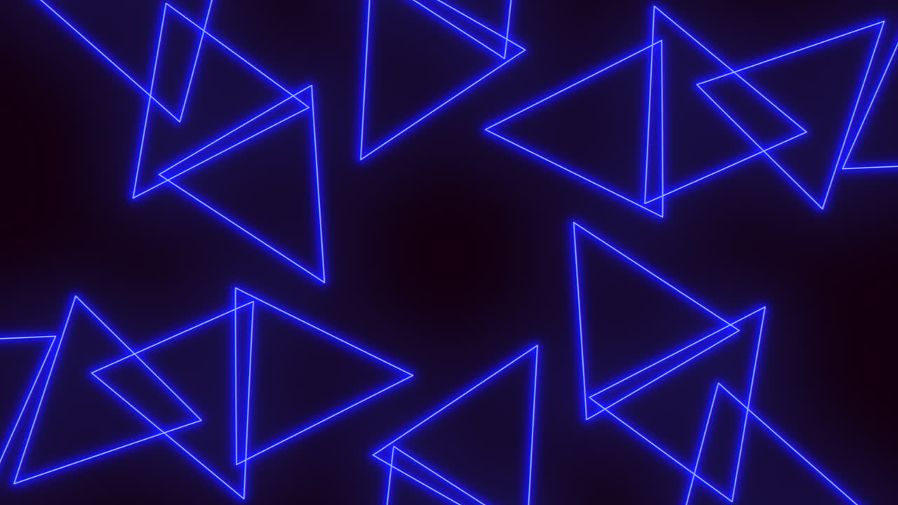 Seamless abstract footage of glowing blue neon triangle outlines on a dark background, creating a futuristic tech style pattern ideal for music videos, VJ loops, events and modern motion design