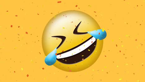 Animation-of-confetti-falling-over-rolling-on-floor-laughing-emoji-on-yellow-background