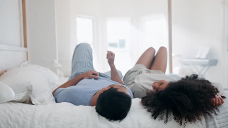 happy, laugh and couple on the bed together
