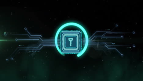 Key symbol inside glowing circle, cybersecurity animation over digital circuit background