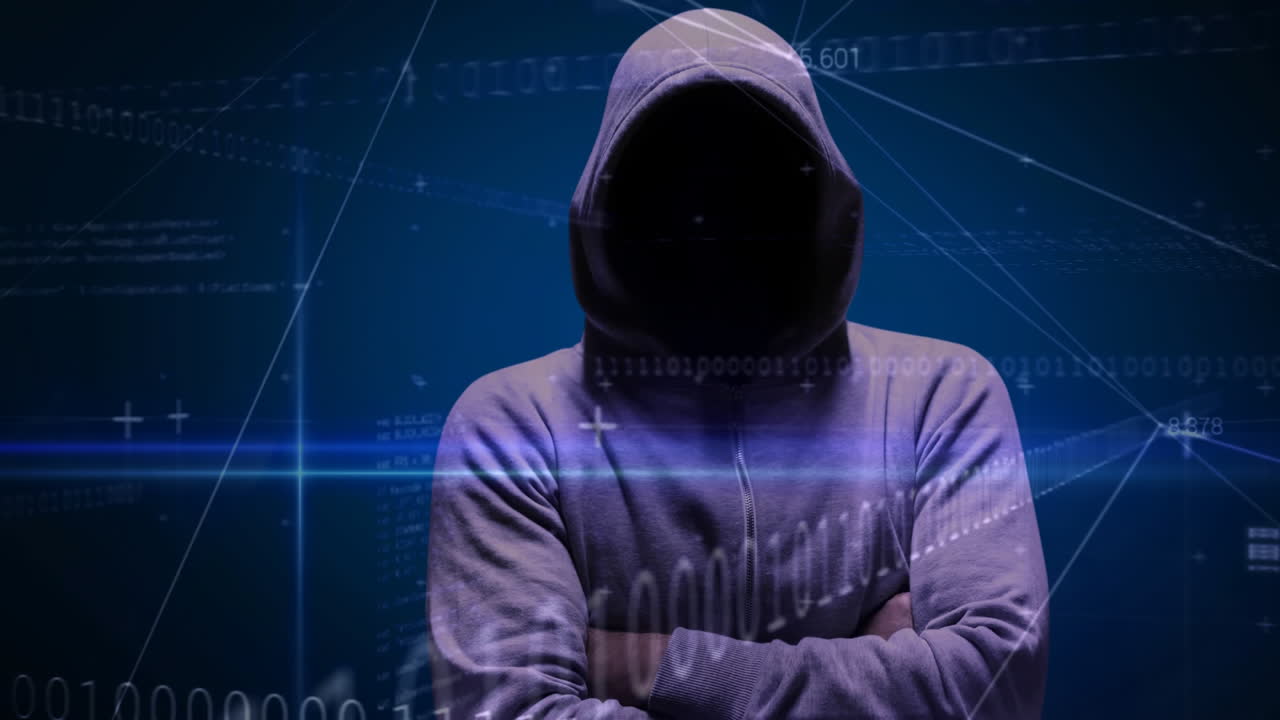 팔을  ⁇ 은 채 서 있는 해커의 디지털 애니메이션 4k