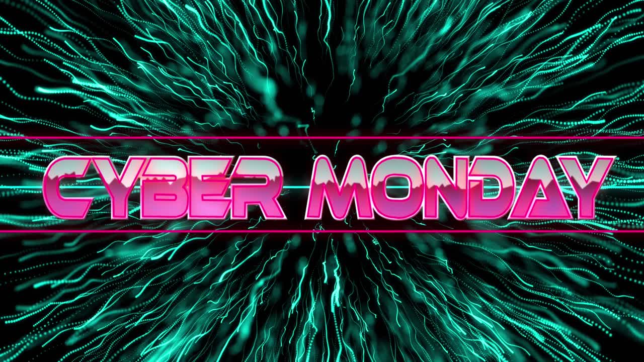 Animation of cyber monday text in metallic pink letters over neon lines and green fireworks