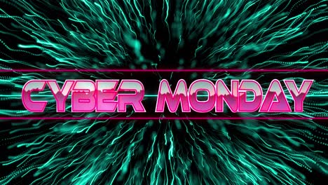 Animation-of-cyber-monday-text-in-metallic-pink-letters-over-neon-lines-and-green-fireworks