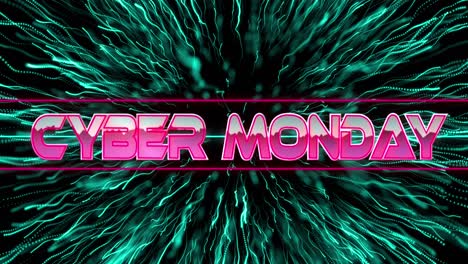 animation of cyber monday text in metallic pink letters over neon lines and green fireworks