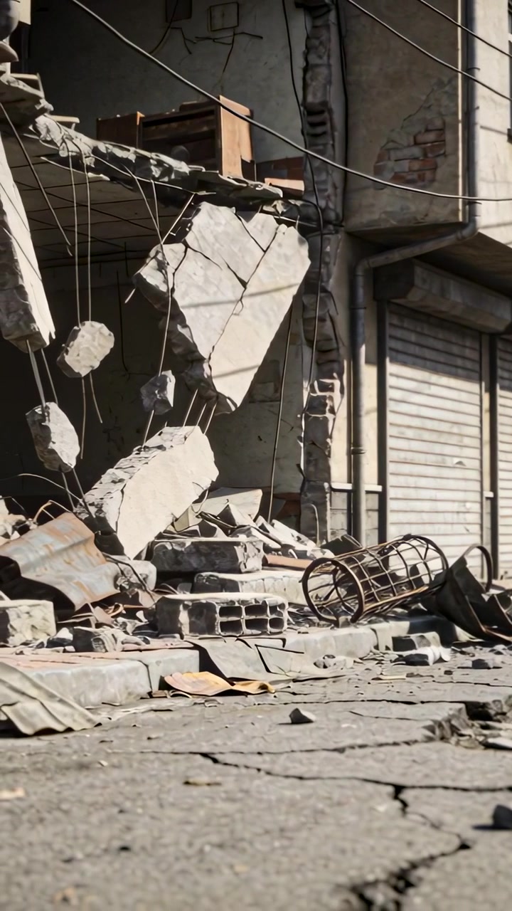 Vertical video: Panning camera documenting street facade damage, showing hung slabs and fallen cage