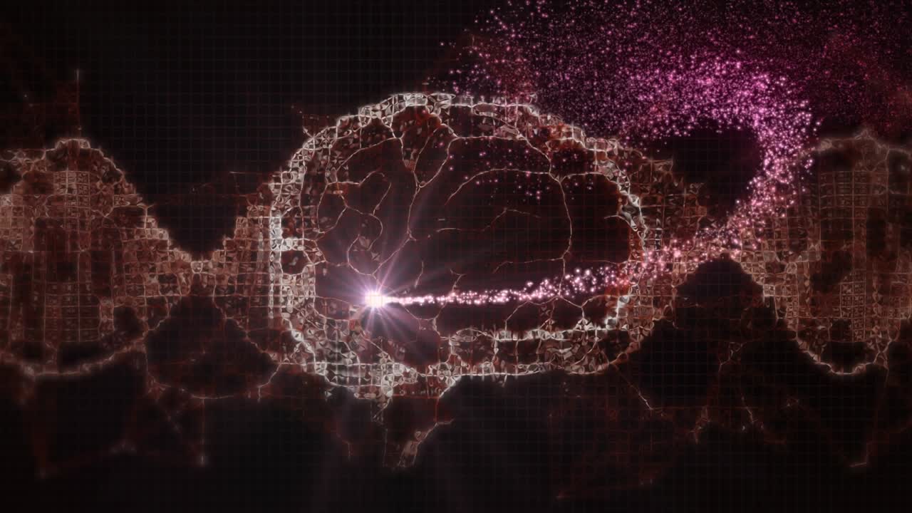 Animation of flying lens flare on dna helix and digital brain over black background
