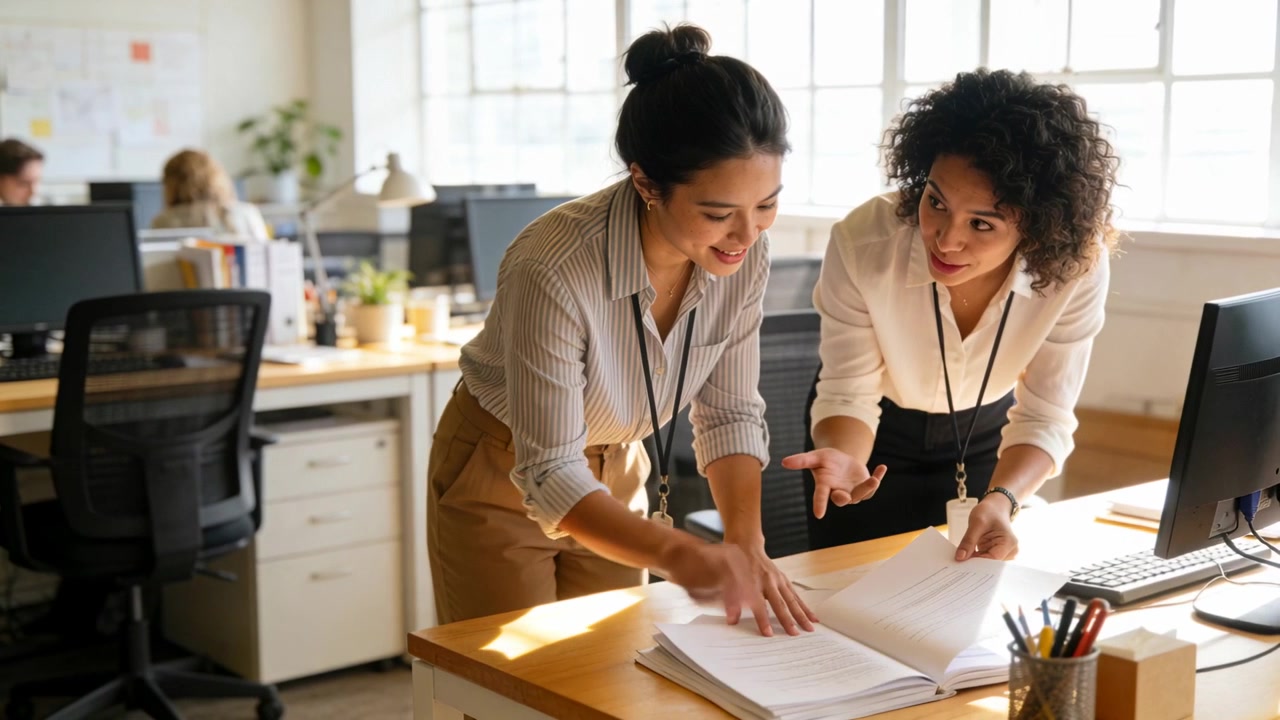 Leaning female coworkers in business wear reviewing binder at sunlit desk confirming details
