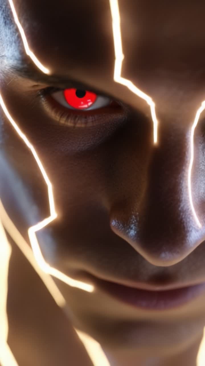 Un primo piano intenso di un personaggio con fratture luminose, che fonde l'emozione umana con elementi futuristici e dettagli accattivanti nell'inquadratura finale.