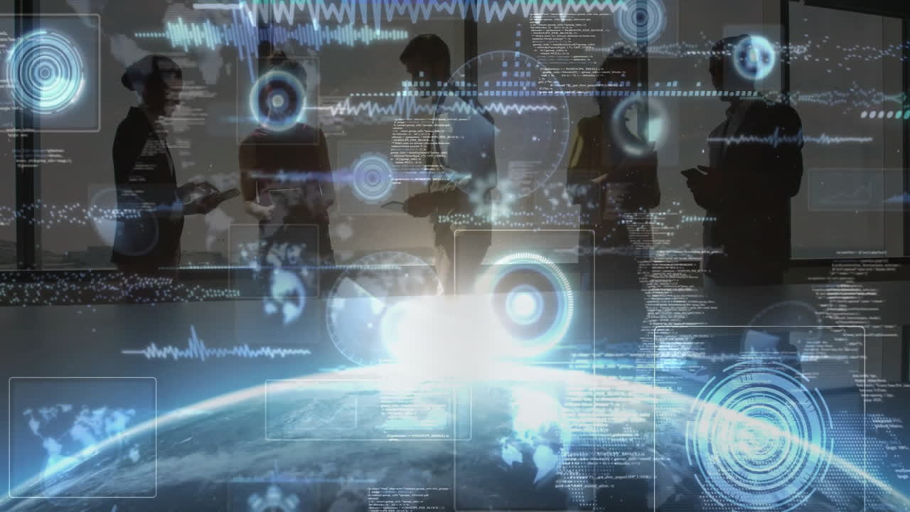 Business professionals discussing business data streams, displaying holographic charts and globe