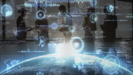 business professionals discussing business data streams, displaying holographic charts and globe