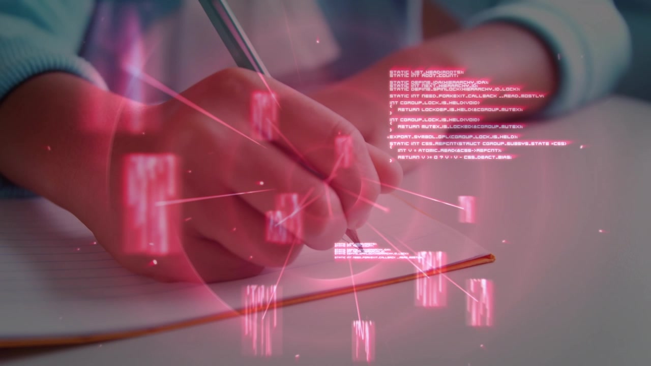 Studente che scrive su un quaderno con sovrapposizione di dati digitali