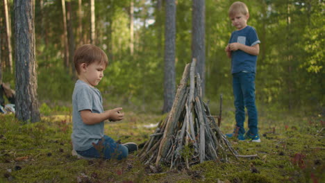 dos niños ponen palos en un fuego en el bosque durante una caminata. los niños en el bosque se preparan para encender un fuego y ponen palos juntos