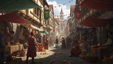 a vibrant marketplace scene bursting with life and color, showcasing vendors, patrons, and festive decorations amidst historical architecture