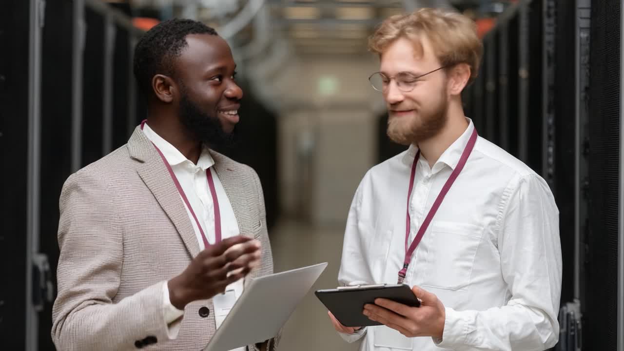 Two Professionals Engaged in a Collaborative Discussion in a Data Center, Showcasing Technology and Partnership in a Modern Working Environment