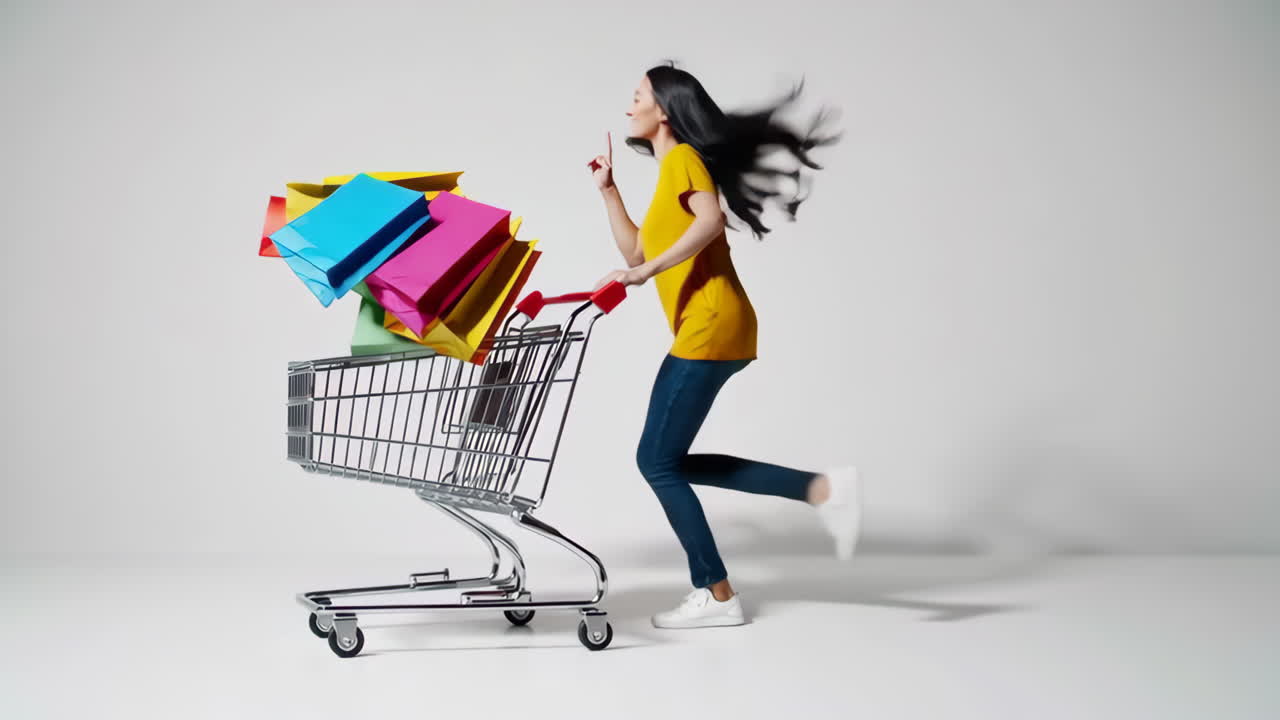 Energetic Woman Running with Shopping Cart and Colorful Bags