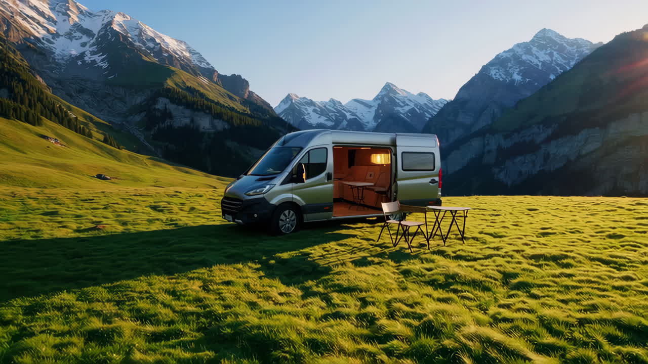 Camper Van Camping in a Scenic Mountain Grassland