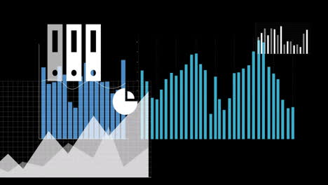 animation of diagrams and media icons on black background