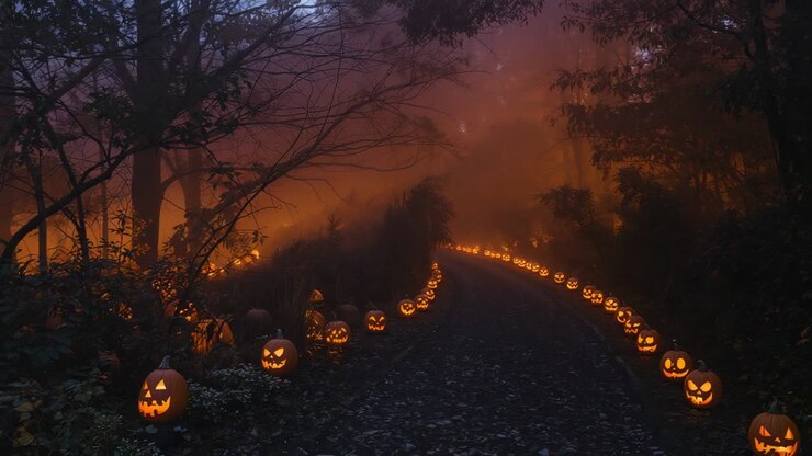 Camera advancing down forest path as twilight dimming, revealing jack-o&#039;-lanterns in mist