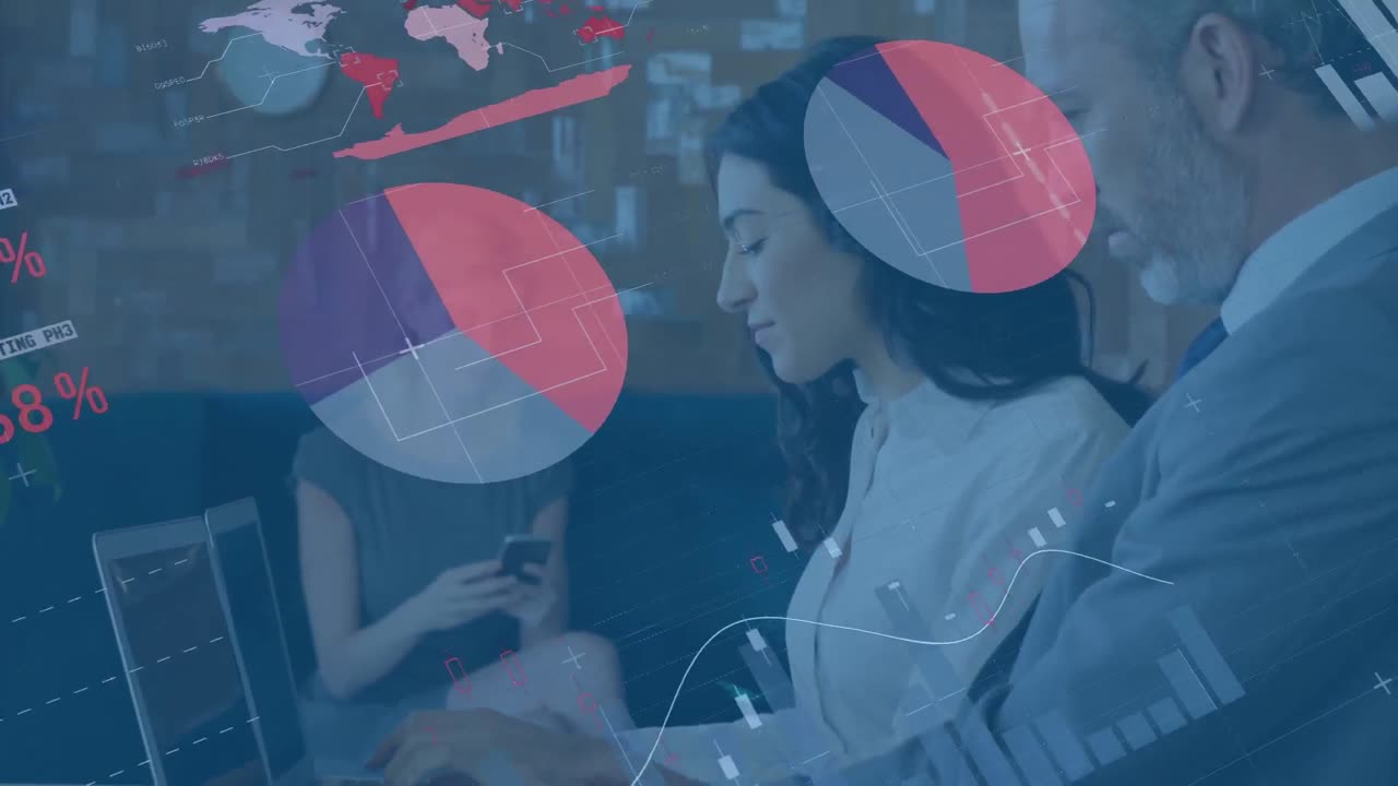 Animation of infographic interface over multiracial coworkers working over laptop at office