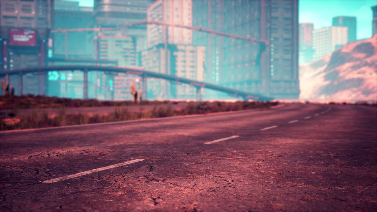 중간 모래 언덕의 비어 있는 사막 도로