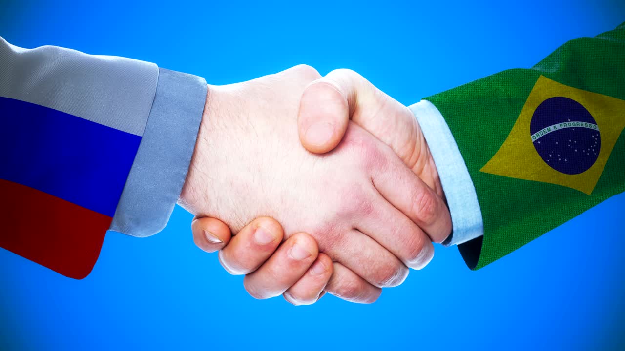 rusia - brasil animación conceptual de apretón de manos sobre países y política con el canal matte