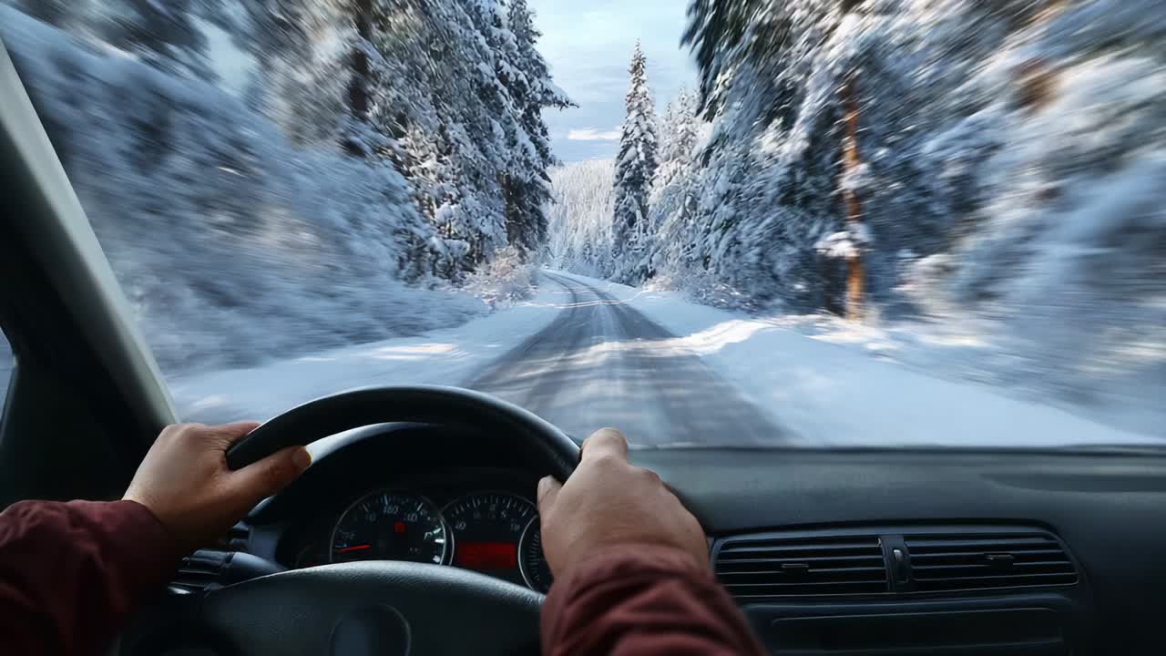 A Journey Through a Winter Wonderland: Capturing the Beauty of Snow-Covered Roads While Driving in a Serene Forest Landscape with Frosted Trees and a Clear Sky