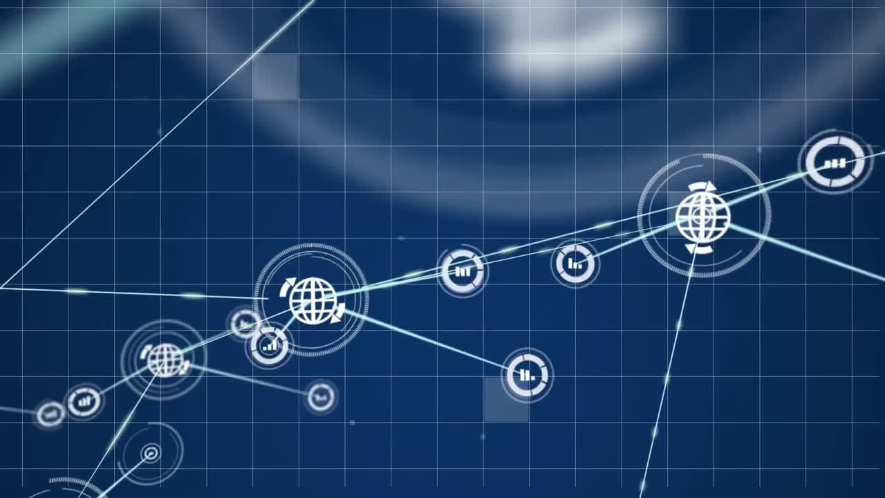 animación de iconos de globos y gráficos conectados con líneas sobre cuadrados caídos en el patrón de cuadrícula