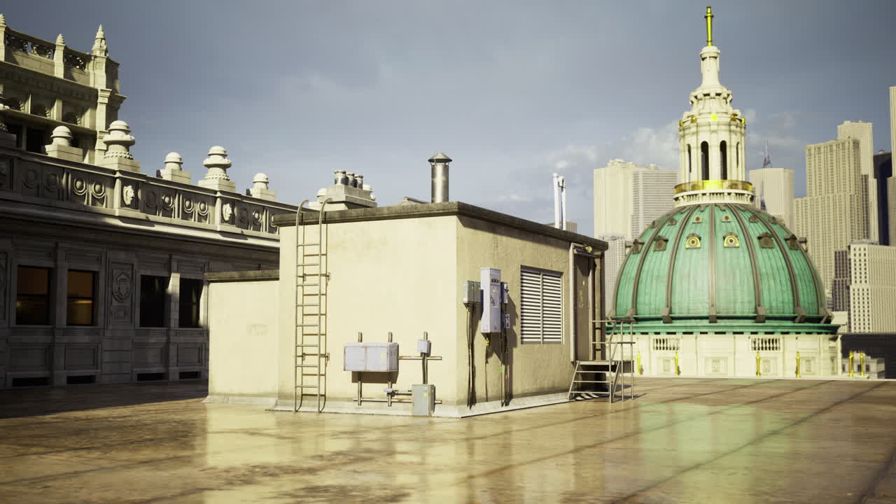 Rooftop view showcasing city skyline and historic architecture at midday