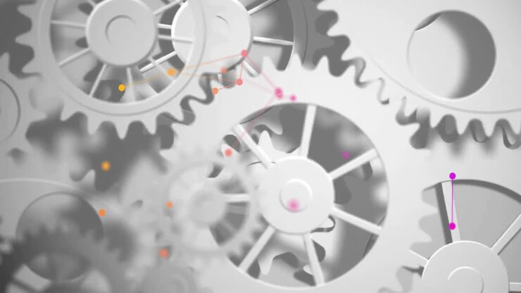 Animation af roterende tandhjul med databehandling over hvid baggrund