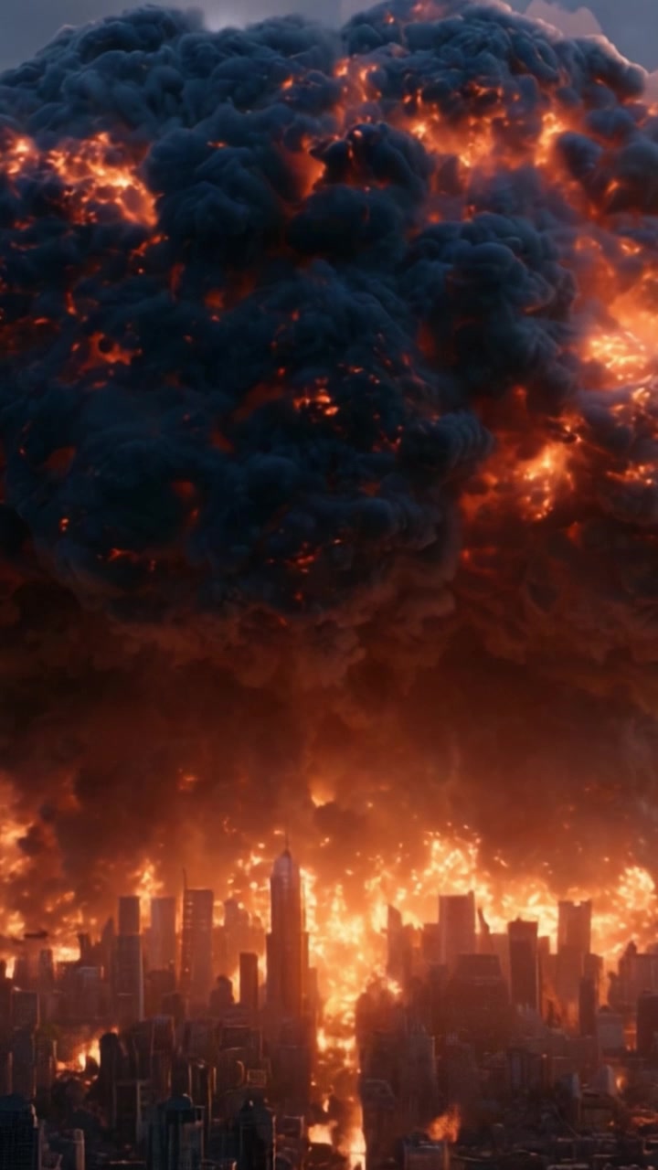 Inferno urbano catastrofico: un'eruzione distruttiva sopra i grattacieli catturata in inquadrature drammatiche, che mostra l'inimmaginabile potere del fuoco e del fumo in un paesaggio urbano.