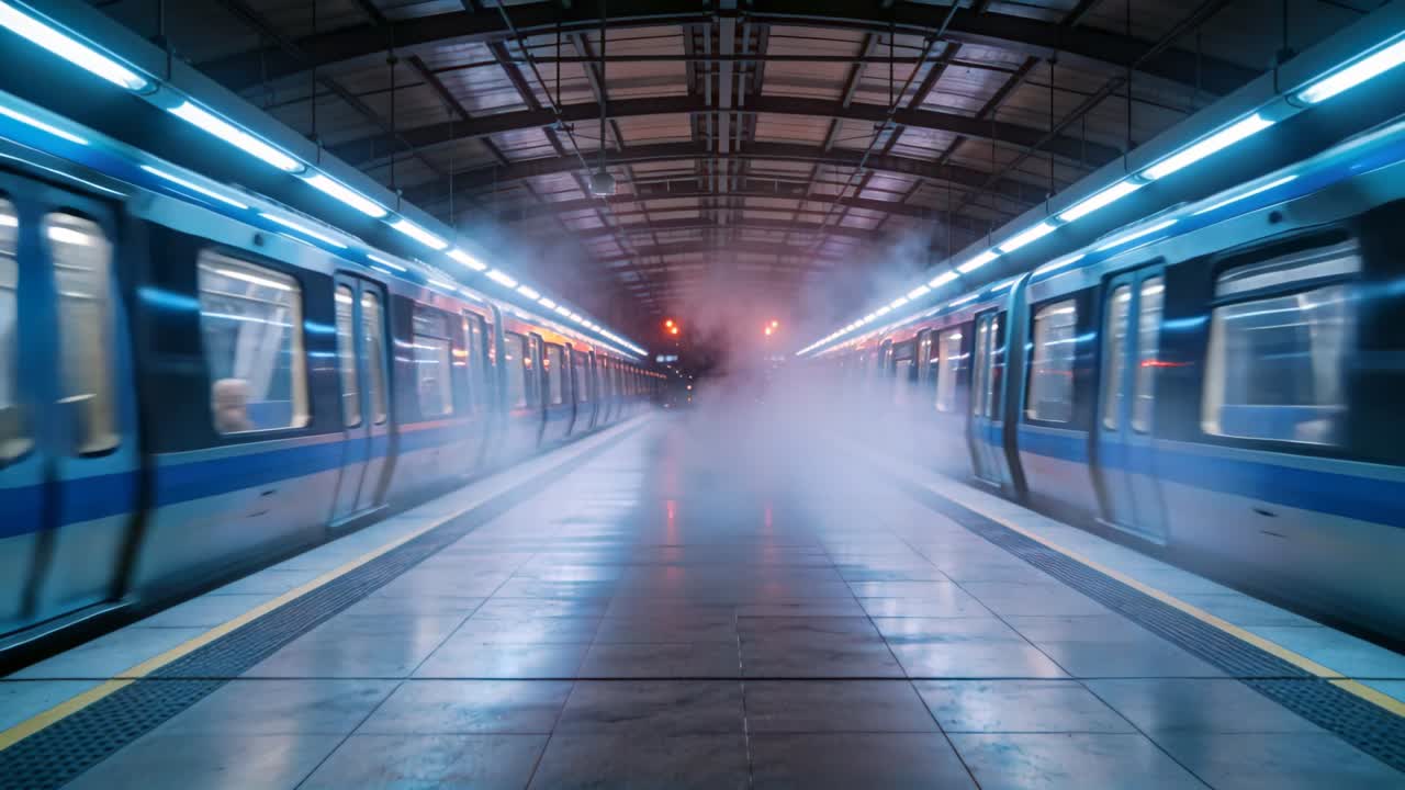 Nebbia centrale crescente che si espande verso l'esterno lungo la linea centrale della banchina della metro, con treni che passano.