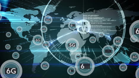 6g 텍스트, 연결 네트워크 및 세계 지도에 대한 데이터 처리의 애니메이션