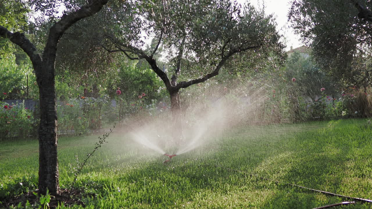 Un irrigatore da giardino che innaffia un prato verde in un giardino