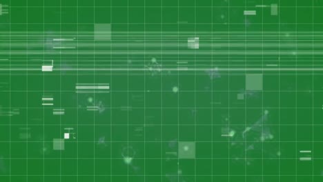 Animation-of-glitch-effect-over-grid-network-against-molecular-structures-on-green-background