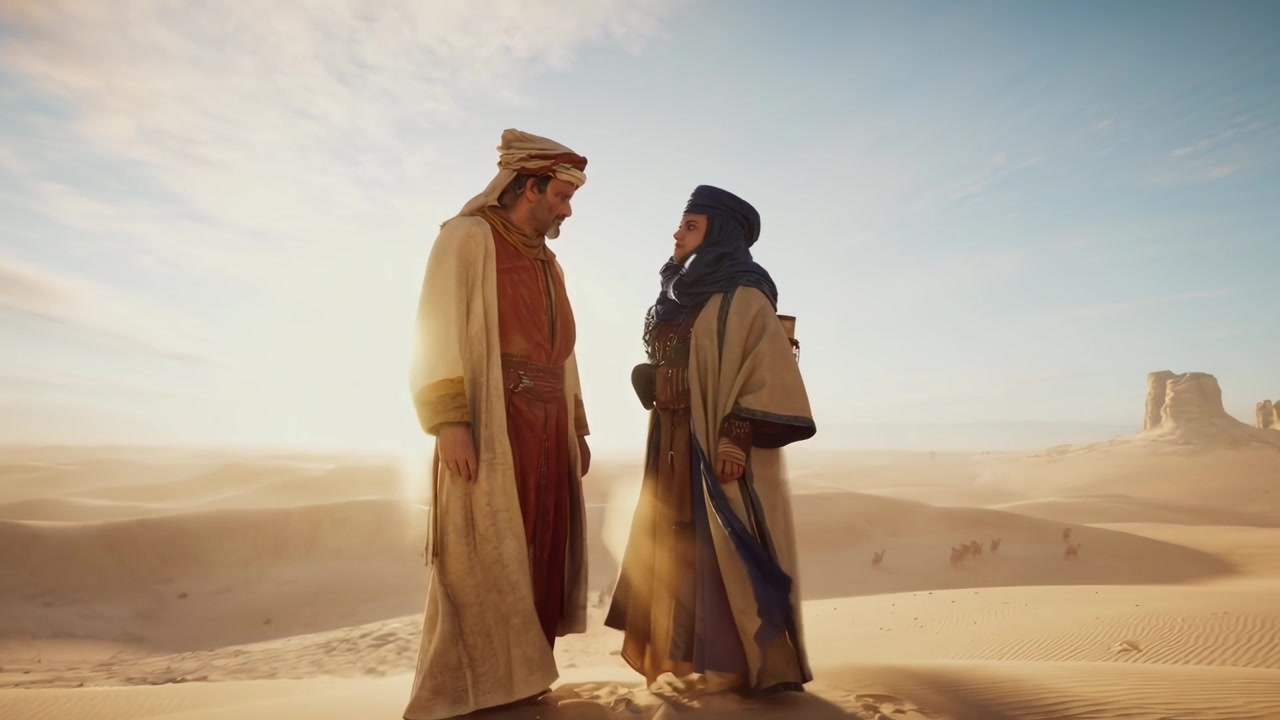 Couple in Traditional Middle Eastern Attire Standing in Desert at Sunset